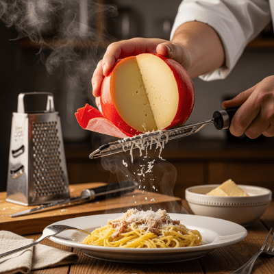 A piece of Queso de Bola being used in a classic culinary preparation or dish where it is commonly featured
