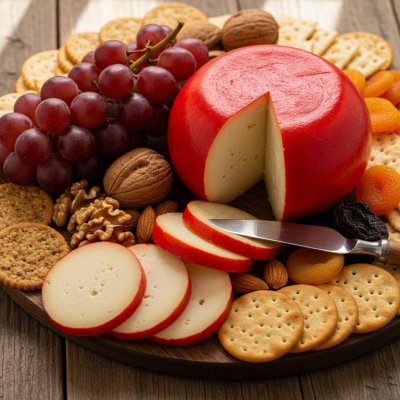A serving of Queso de Bola arranged as part of a traditional cheese platter with fruits, nuts, and crackers
