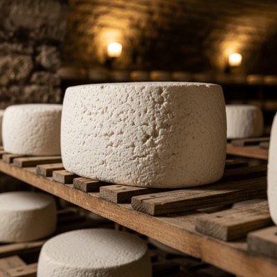 A whole wheel or block of Queso Fresco, shown in an artisanal cellar or aging environment typical for this cheese
