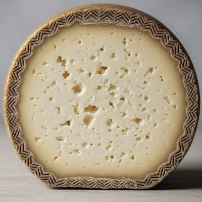 Close-up cross-sectional view of a Queso Manchego, showing its internal texture and structure