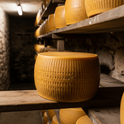 A whole wheel or block of Queso Manchego, shown in an artisanal cellar or aging environment typical for this cheese