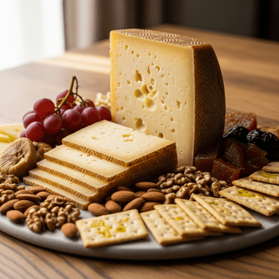 A serving of Queso Manchego arranged as part of a traditional cheese platter with fruits, nuts, and crackers