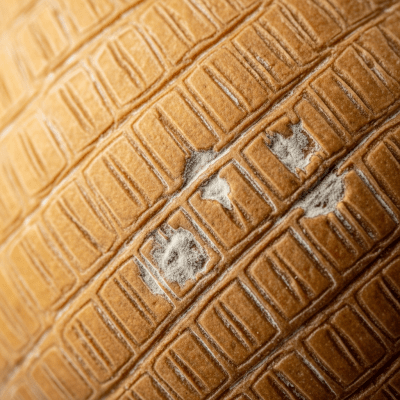 A close-up macro photograph of the rind and surface texture of a Queso Manchego