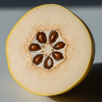 A close-up image showing a cross-section of the Quince, belonging to the fruits taxonomy