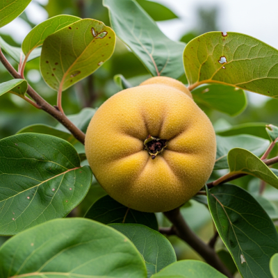 A photograph of a fresh Quince from the fruits taxonomy as it appears in its natural growing environment, such as on a tree, bush, or vine
