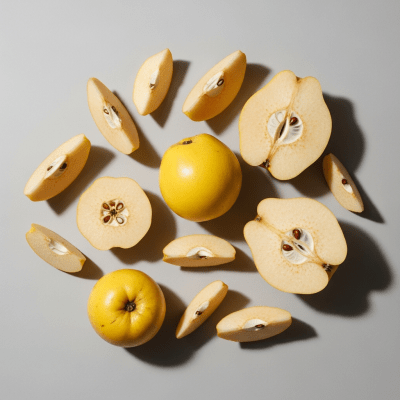 An overhead view photograph of several pieces of the Quince, from the fruits taxonomy, arranged aesthetically on a plain background
