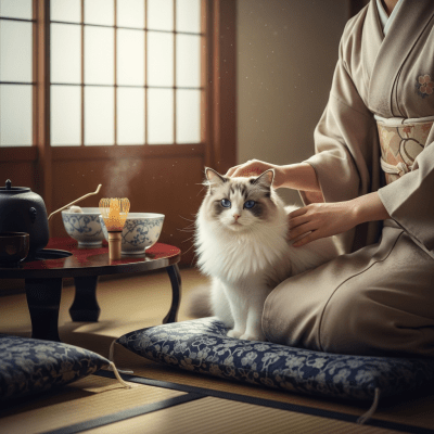 Image of a Ragdoll interacting with humans or participating in cultural activities