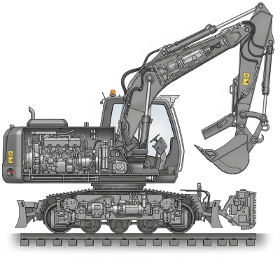 Detailed cross-sectional illustration of a Rail-mounted excavator (rail-road excavator) from the excavators taxonomy