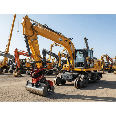 A wide-angle image of a fleet of various excavators, with the specific Rail-mounted excavator (rail-road excavator) in the foreground for emphasis