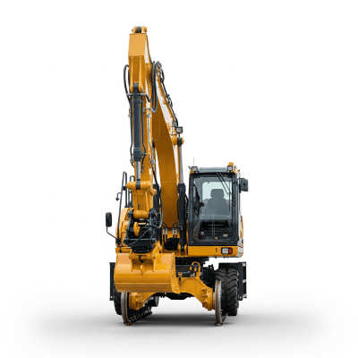 High quality studio photograph of a single Rail-mounted excavator (rail-road excavator) from the excavators taxonomy
