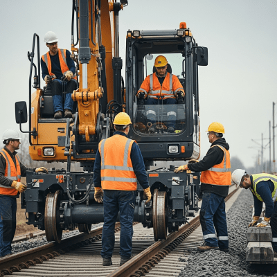Image of a diverse group of construction workers operating or interacting with a Rail-mounted excavator (rail-road excavator) from the excavators taxonomy