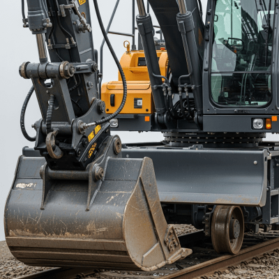 A close-up photograph focusing on the bucket and arm of a Rail-mounted excavator (rail-road excavator) (excavators), showing details such as hydraulic lines, metal textures, and wear marks