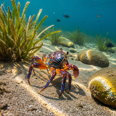 Photo-realistic underwater image of a live Rainbow Crab, in the context of the taxonomy crabs