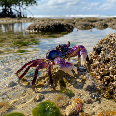 Naturalistic image of a Rainbow Crab, belonging to the taxonomy crabs, in its typical habitat such as a shoreline, rocky tide pool, or mangrove
