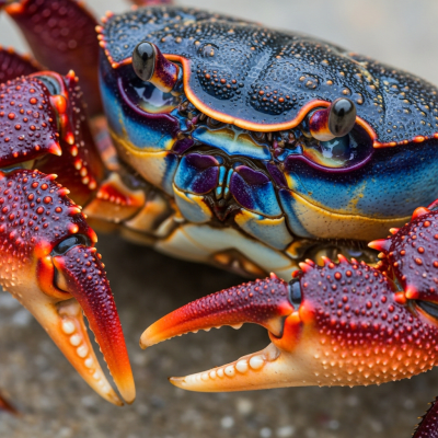 Close-up macro photograph of the shell texture and claws of a single Rainbow Crab