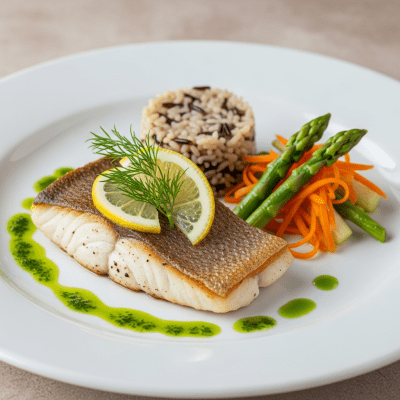 A culinary presentation featuring a prepared dish made with Rainbow Trout, of the taxonomy fish