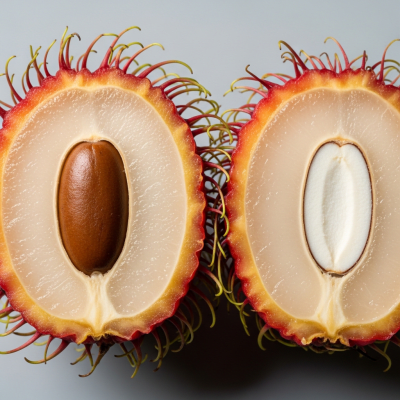 A close-up image showing a cross-section of the Rambutan, belonging to the fruits taxonomy