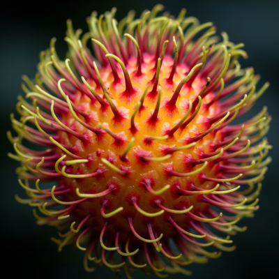 Macro shot capturing the surface texture and color details of the Rambutan, within the fruits taxonomy