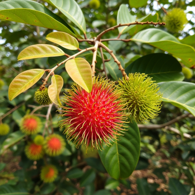 A photograph of a fresh Rambutan from the fruits taxonomy as it appears in its natural growing environment, such as on a tree, bush, or vine