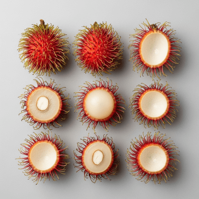 An overhead view photograph of several pieces of the Rambutan, from the fruits taxonomy, arranged aesthetically on a plain background