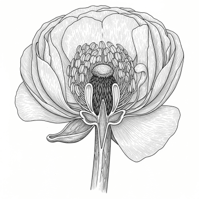 Cross-sectional illustration of a Ranunculus (flowers), showing internal parts such as stem, petals, and reproductive organs