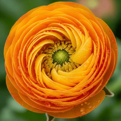 Detailed macro image of a Ranunculus (flowers), focusing on the intricate structure of petals, stamens, and pistil