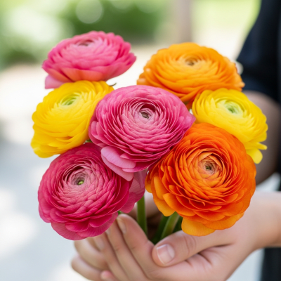 Photograph of a Ranunculus (flowers) being held or interacted with by a person in a gentle way