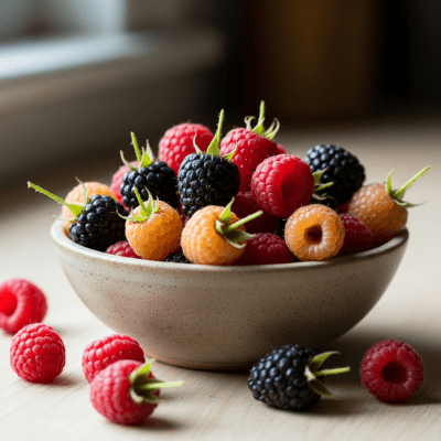 A high resolution image of several fresh Raspberrys arranged in a simple bowl, representing their use within the taxonomy berries