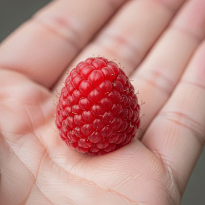 A factual photograph of a hand holding a ripe Raspberry, illustrating its size and appearance for the taxonomy berries