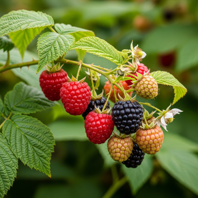 A naturalistic photograph of a Raspberry growing on its plant in its typical environment, representing the taxonomy berries