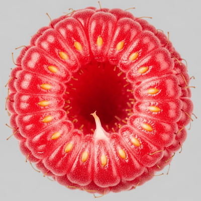 A close-up image showing a cross-section of the Raspberry, belonging to the fruits taxonomy