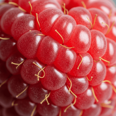 Macro shot capturing the surface texture and color details of the Raspberry, within the fruits taxonomy