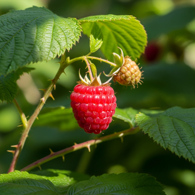 A photograph of a fresh Raspberry from the fruits taxonomy as it appears in its natural growing environment, such as on a tree, bush, or vine