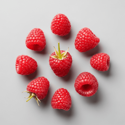 An overhead view photograph of several pieces of the Raspberry, from the fruits taxonomy, arranged aesthetically on a plain background