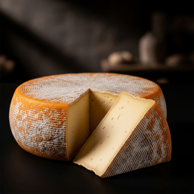 A wedge or whole Reblochon from the taxonomy cheeses, styled in an elegant, editorial manner.