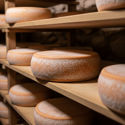 A whole wheel or block of Reblochon, shown in an artisanal cellar or aging environment typical for this cheese