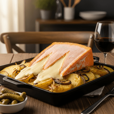 A piece of Reblochon being used in a classic culinary preparation or dish where it is commonly featured