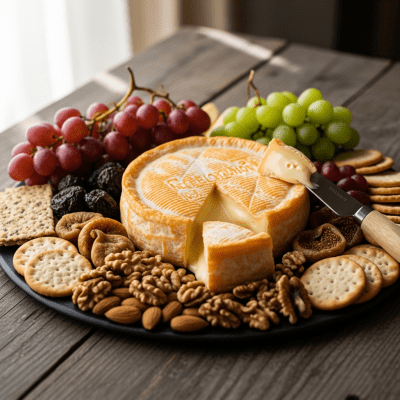 A serving of Reblochon arranged as part of a traditional cheese platter with fruits, nuts, and crackers
