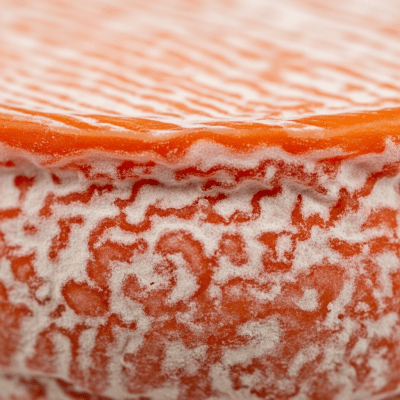 A close-up macro photograph of the rind and surface texture of a Reblochon