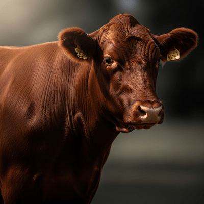 Editorial-style portrait of a Red Angus from the taxonomy cows, with dramatic lighting and shallow depth of field to highlight unique features or markings.