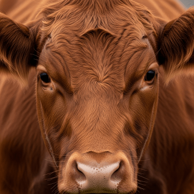 Close-up photograph of the head and face of a Red Angus, focusing on distinctive features such as eyes, ears, and fur texture