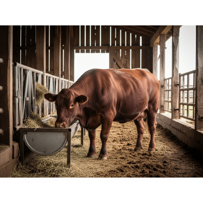 Documentary-style image of a Red Angus in a barn or shelter environment, showing typical housing conditions for cows