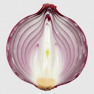 A detailed cross-sectional image of a Red Baron onion (onions) cut in half to reveal its internal layers and structure