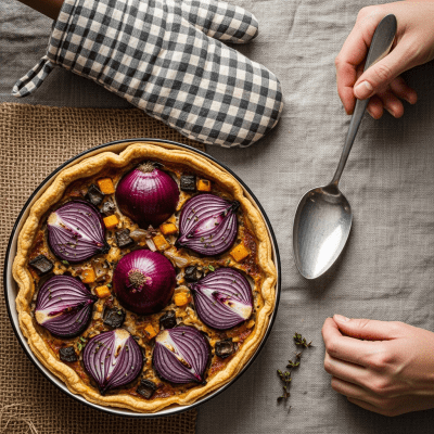 A cultural representation of a Red Baron onion (onions) featured in a traditional dish or meal setting