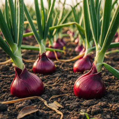 A photograph of a Red Baron onion (onions) in its natural environment or growing in soil