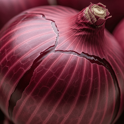 A macro photograph highlighting the surface texture and skin details of a Red Baron onion