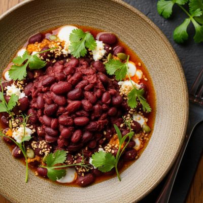 Image of cooked Red Bean (beans) presented as part of a traditional dish or cuisine, plated attractively and photographed from above