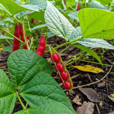 An image of Red Bean, belonging to the taxonomy beans, displayed in its natural environment—such as growing on a plant or vine, surrounded by leaves and soil
