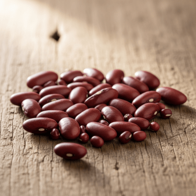 A handful of uncooked Red Bean beans (beans) scattered on a rustic wooden surface, photographed in natural light to emphasize their variety and color