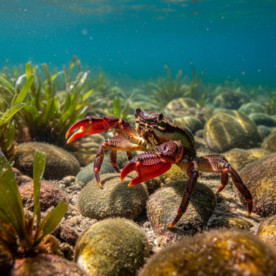 Photo-realistic underwater image of a live Red Claw Crab, in the context of the taxonomy crabs